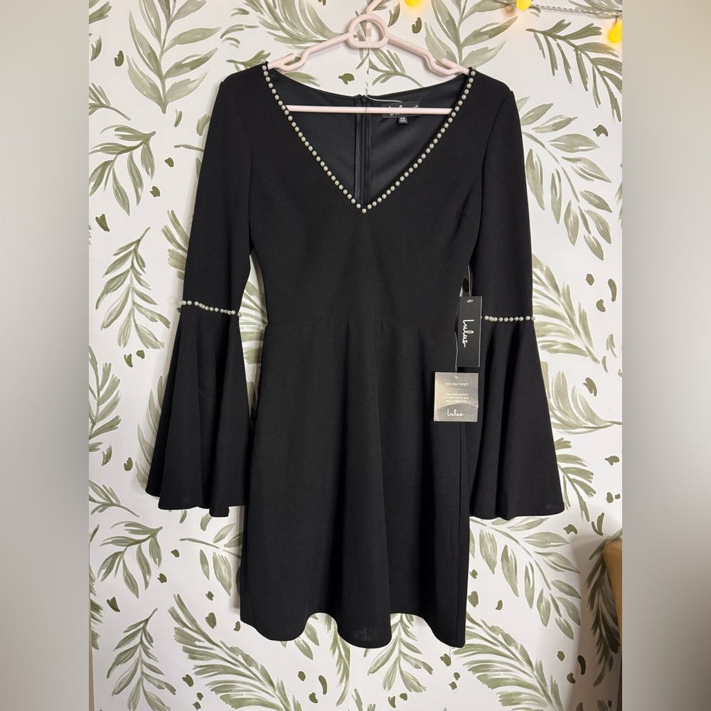 Lulu's Black Long Sleeve Dress with Pearl Accents